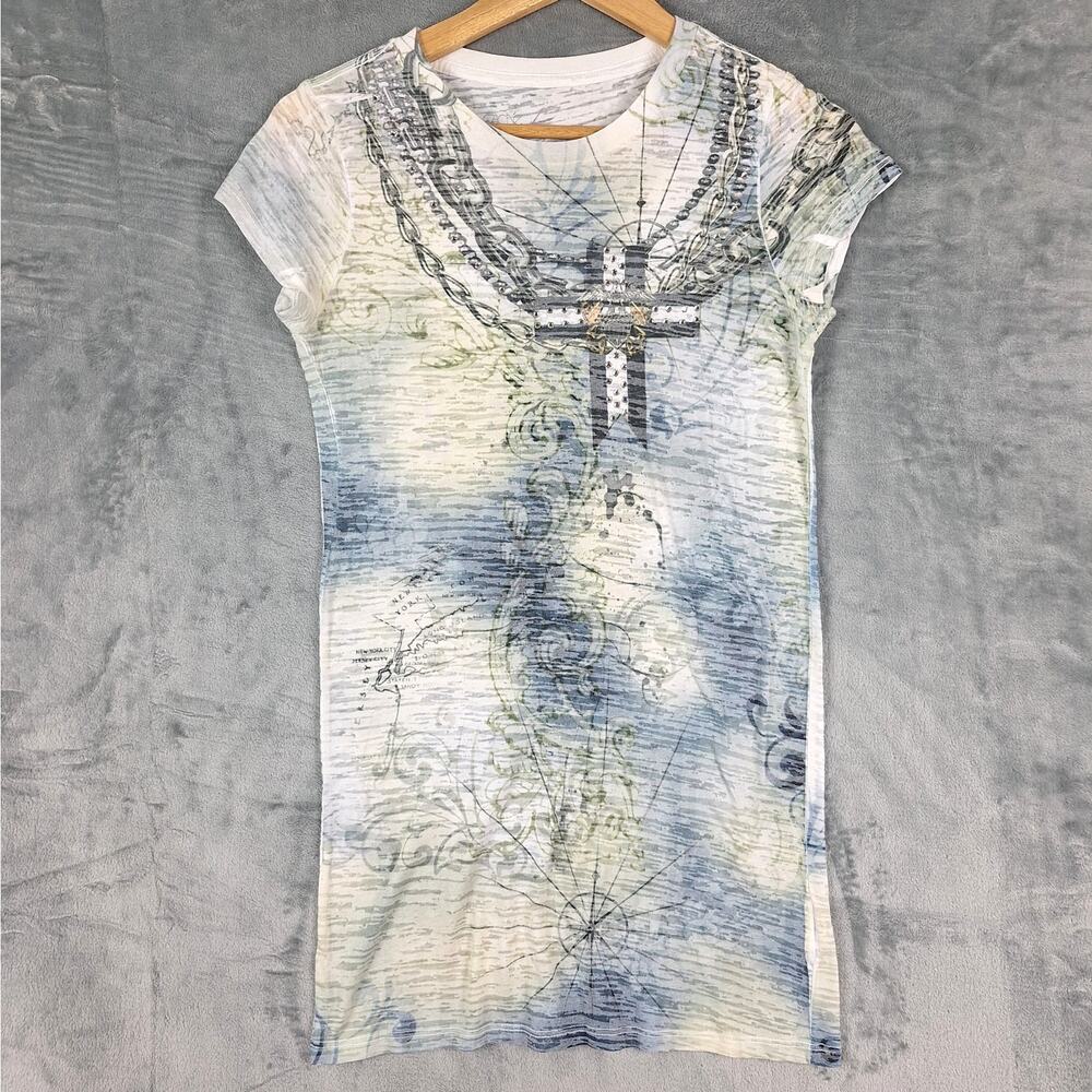 Cache Top‎ Medium Vintage Y2K Tee Floral Sheer Studded Cross Chains Tie Dye USA